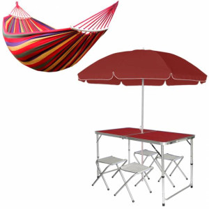 Комплект раскладной стол и 4 стула Easy Campi в чемодане Коричневый + зонт 1.8м + Гамак 190x150 см Красный